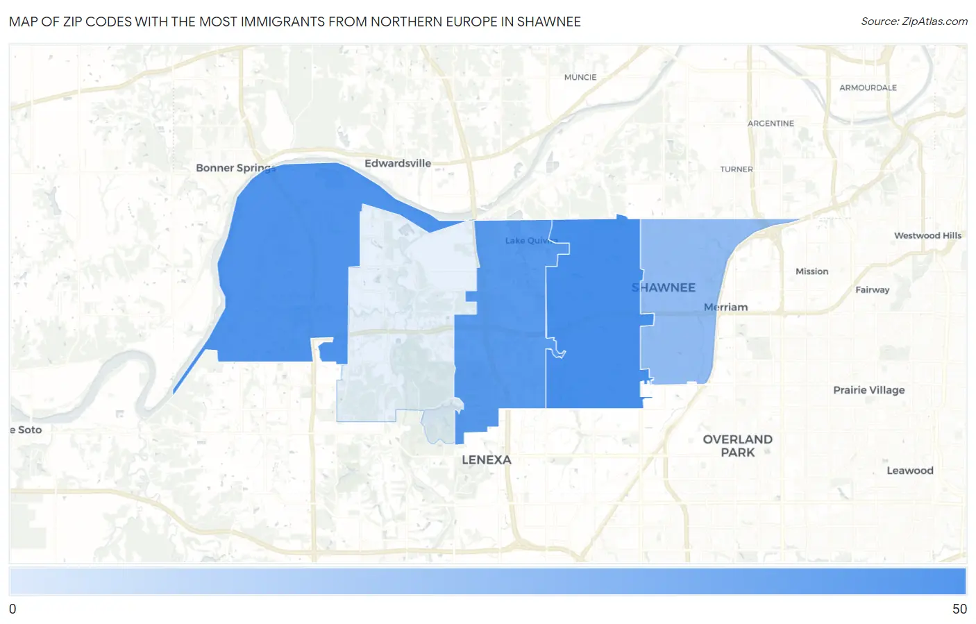 Zip Codes with the Most Immigrants from Northern Europe in Shawnee Map