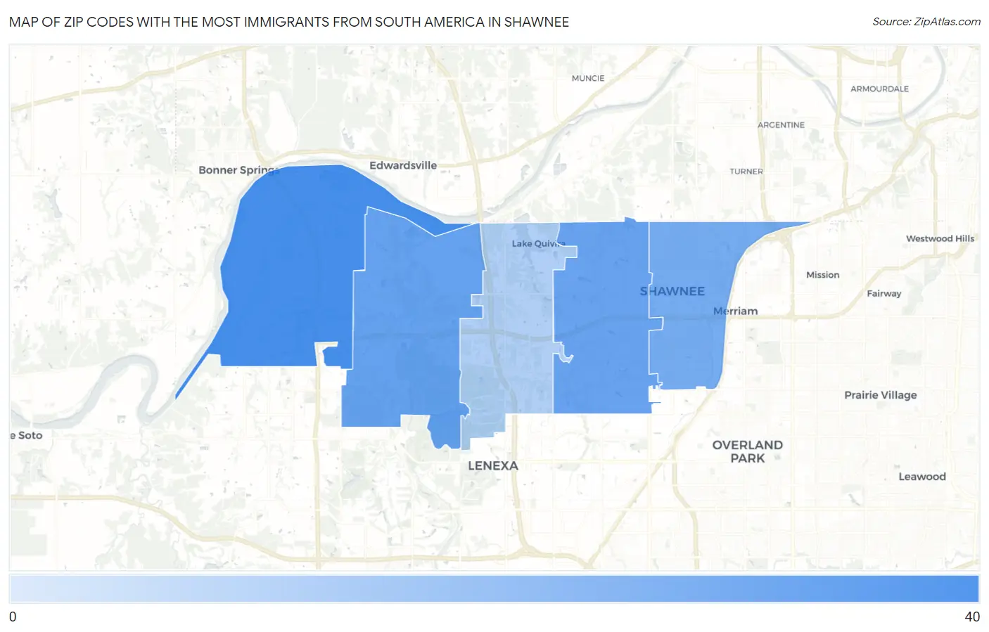 Zip Codes with the Most Immigrants from South America in Shawnee Map