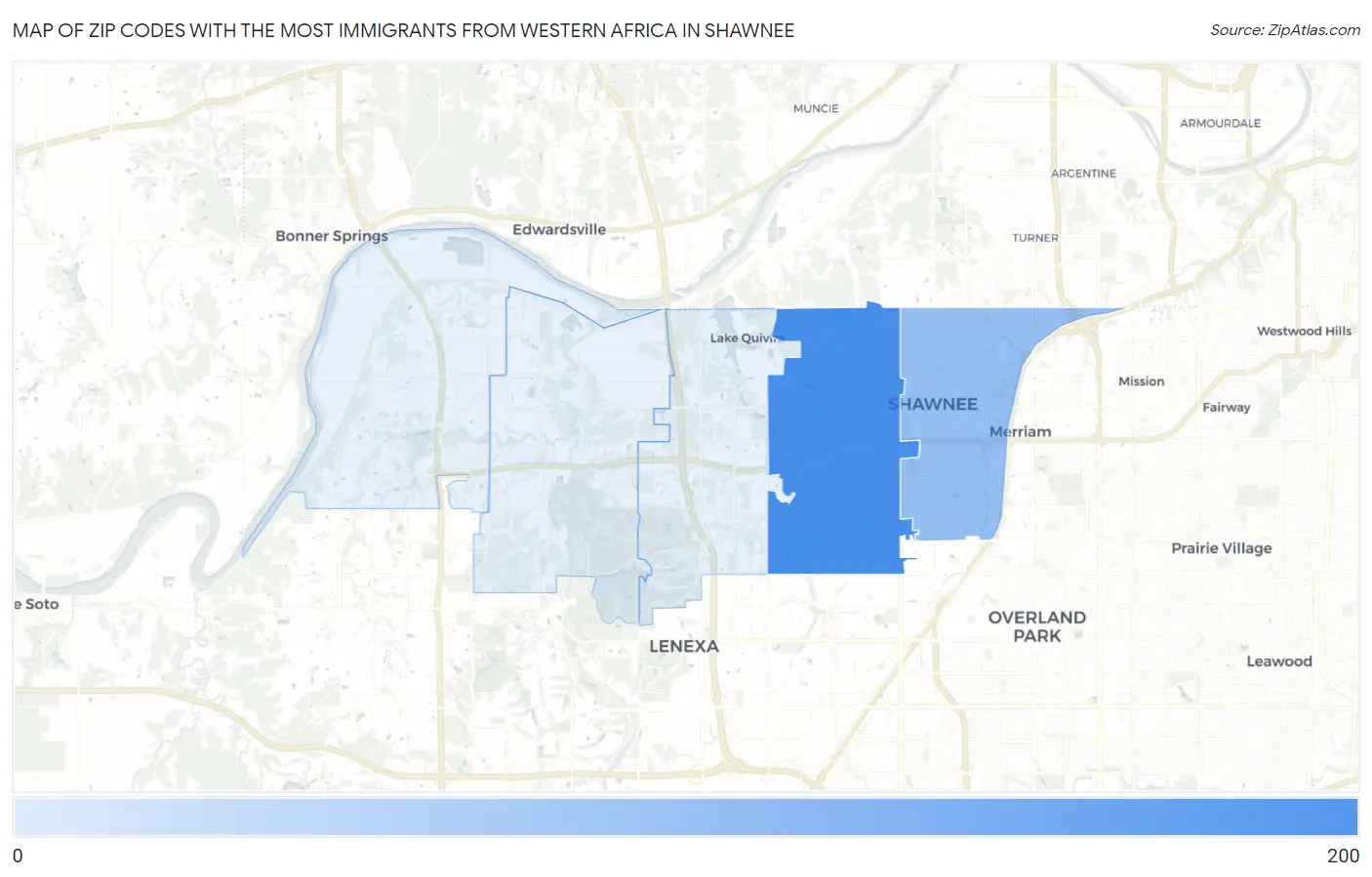 Zip Codes with the Most Immigrants from Western Africa in Shawnee Map