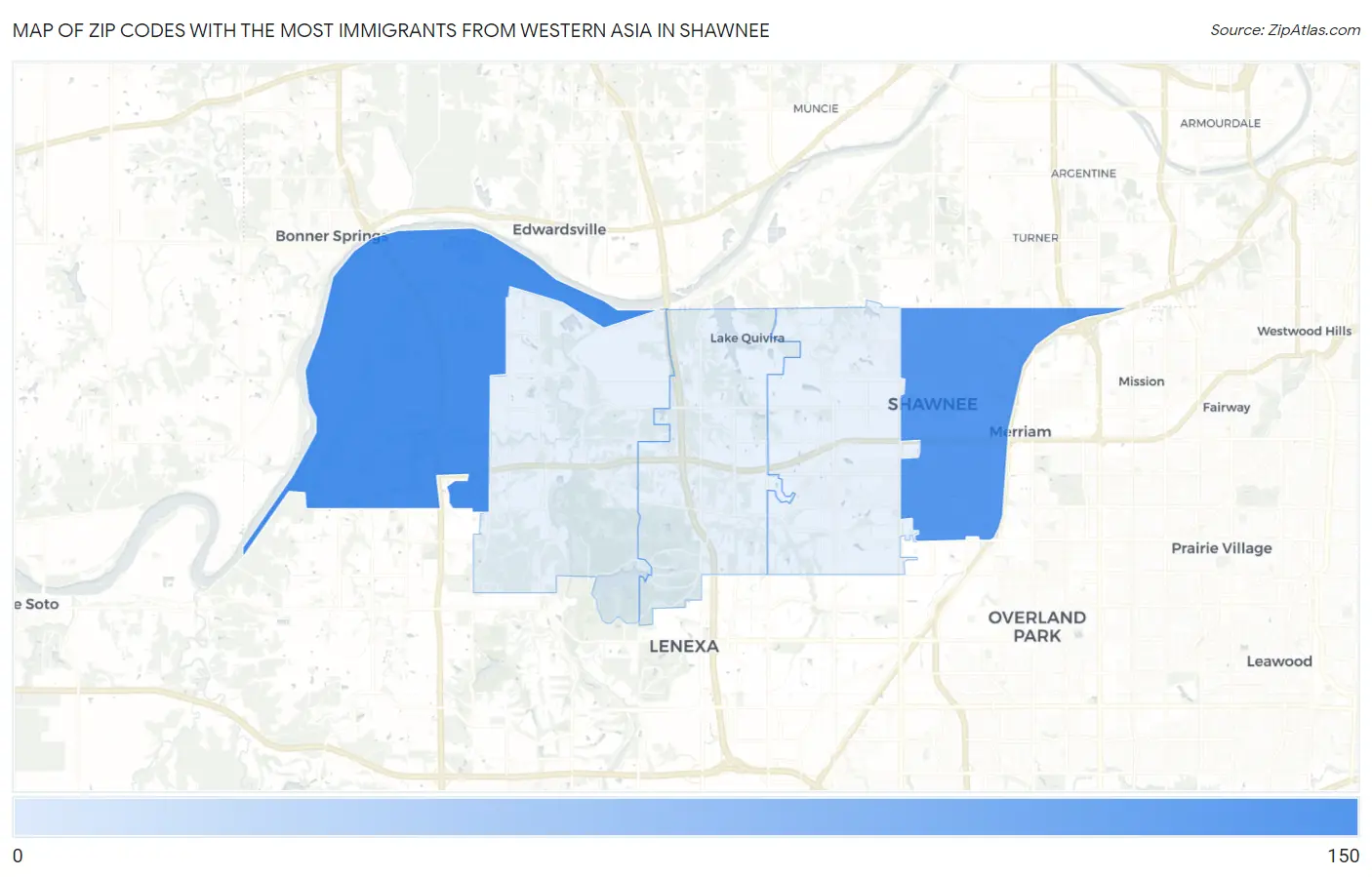 Zip Codes with the Most Immigrants from Western Asia in Shawnee Map