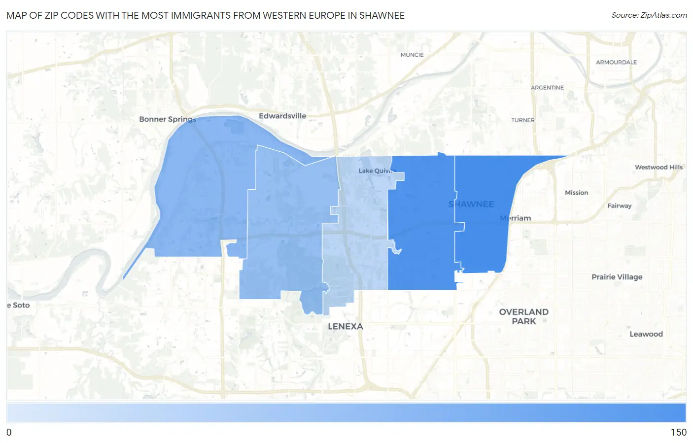 Zip Codes with the Most Immigrants from Western Europe in Shawnee Map
