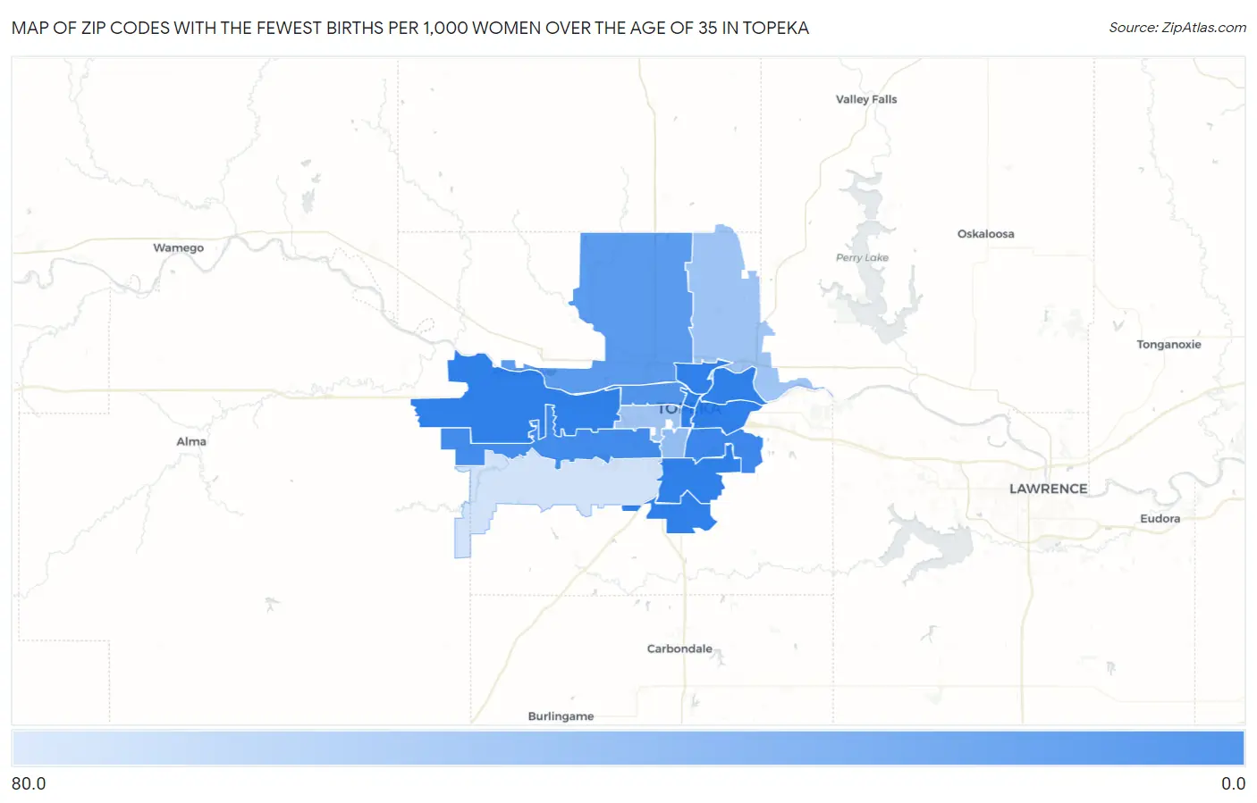 Zip Codes with the Fewest Births per 1,000 Women Over the Age of 35 in Topeka Map