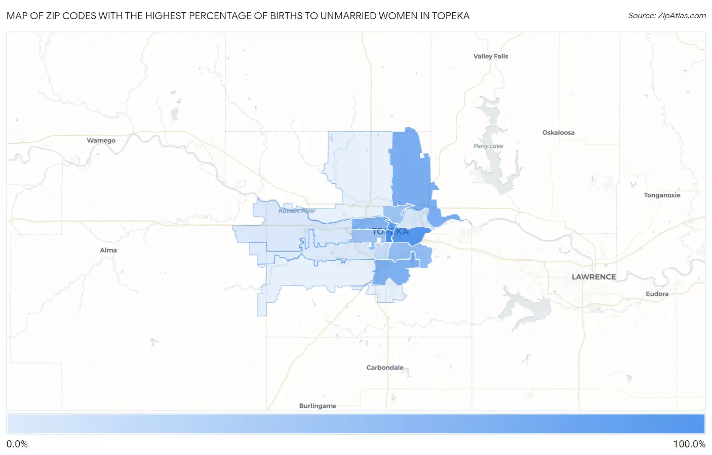 Zip Codes with the Highest Percentage of Births to Unmarried Women in Topeka Map