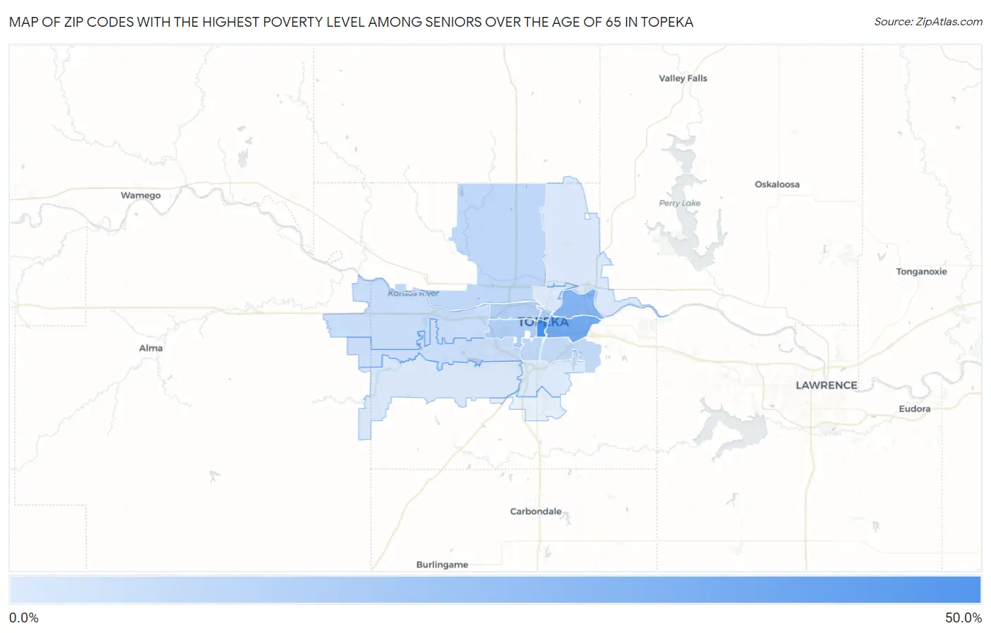 Zip Codes with the Highest Poverty Level Among Seniors Over the Age of 65 in Topeka Map