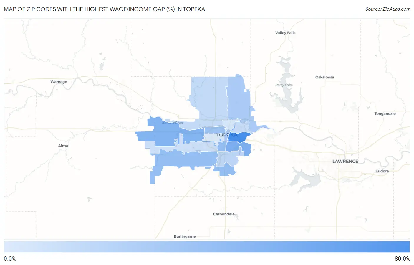 Zip Codes with the Highest Wage/Income Gap (%) in Topeka Map