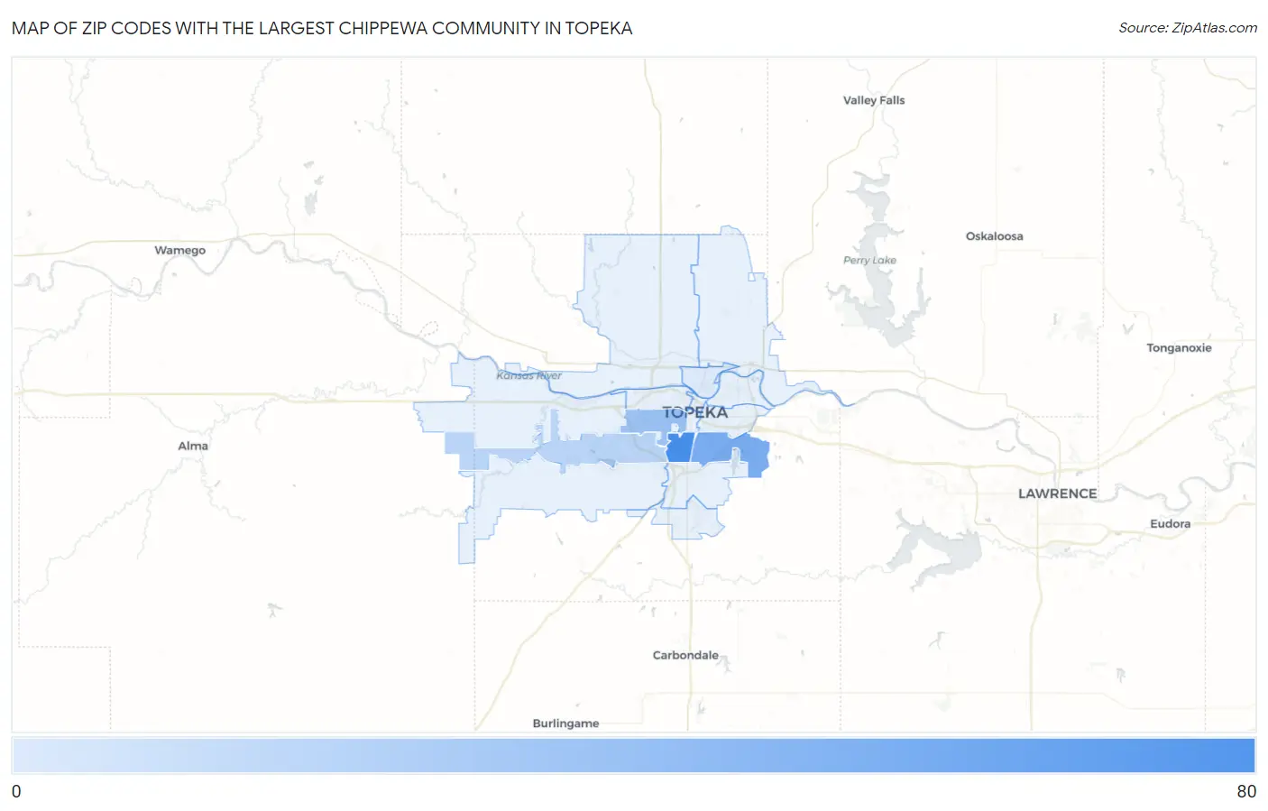 Zip Codes with the Largest Chippewa Community in Topeka Map