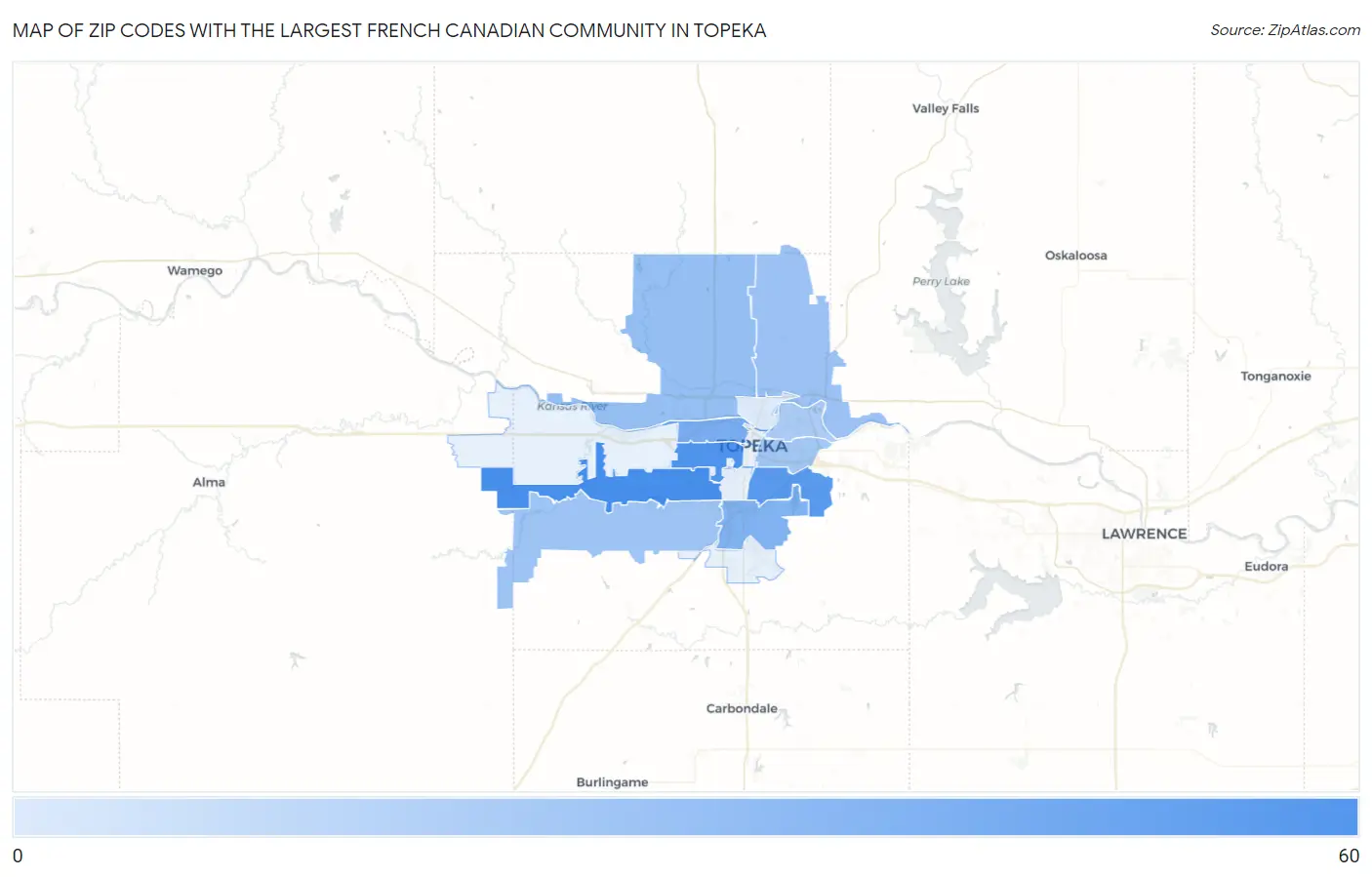 Zip Codes with the Largest French Canadian Community in Topeka Map