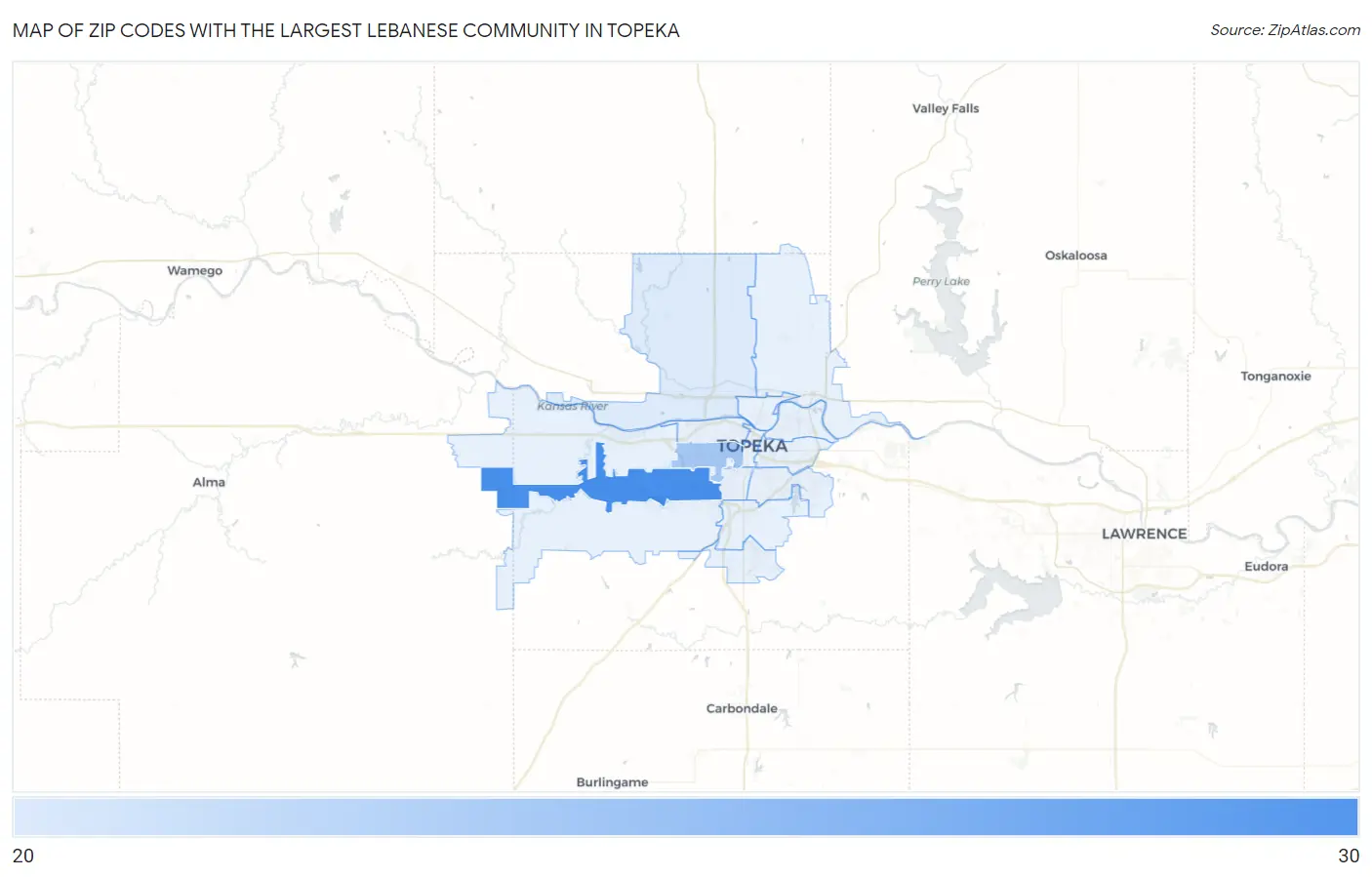 Zip Codes with the Largest Lebanese Community in Topeka Map
