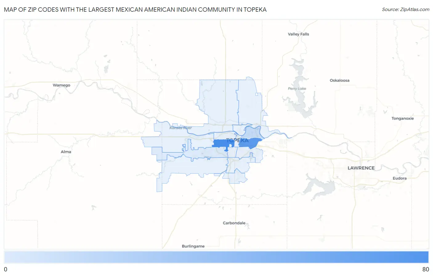Zip Codes with the Largest Mexican American Indian Community in Topeka Map