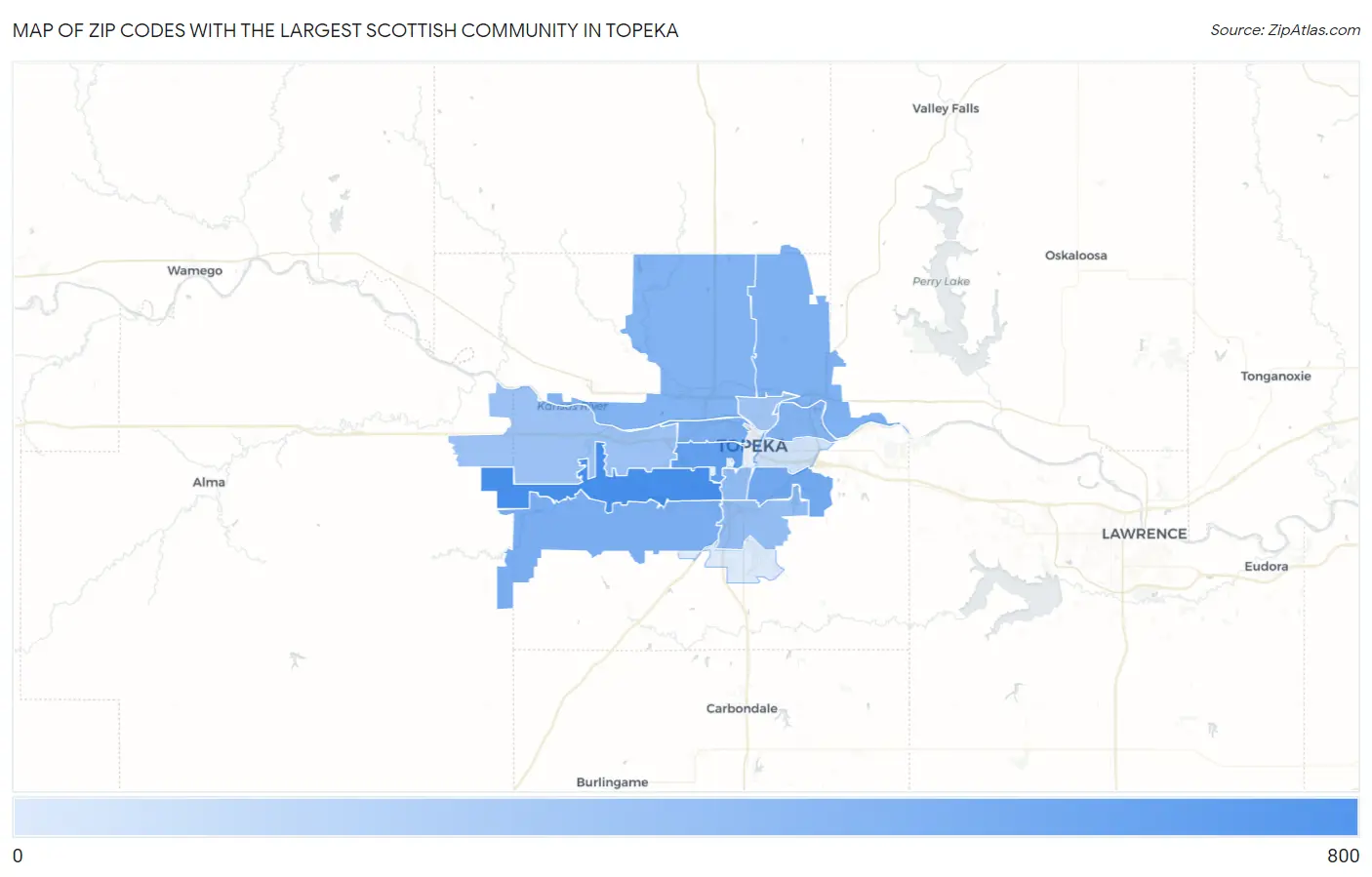 Zip Codes with the Largest Scottish Community in Topeka Map
