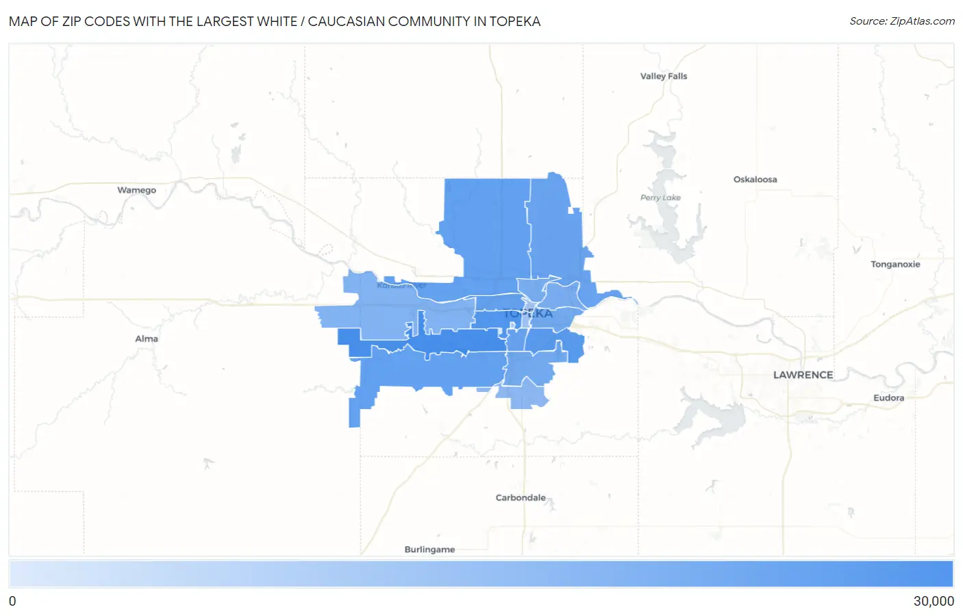 Zip Codes with the Largest White / Caucasian Community in Topeka Map