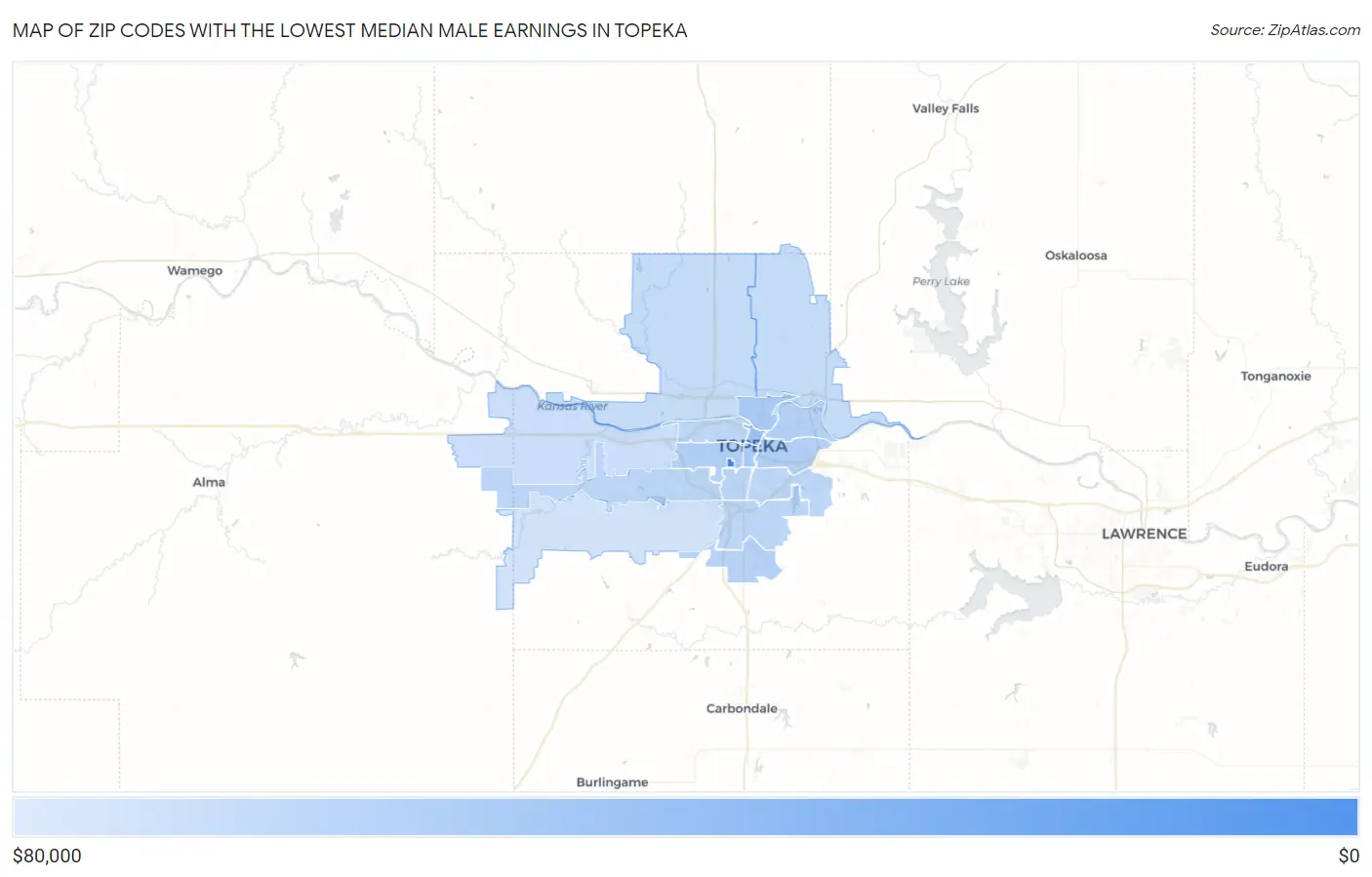 Zip Codes with the Lowest Median Male Earnings in Topeka Map