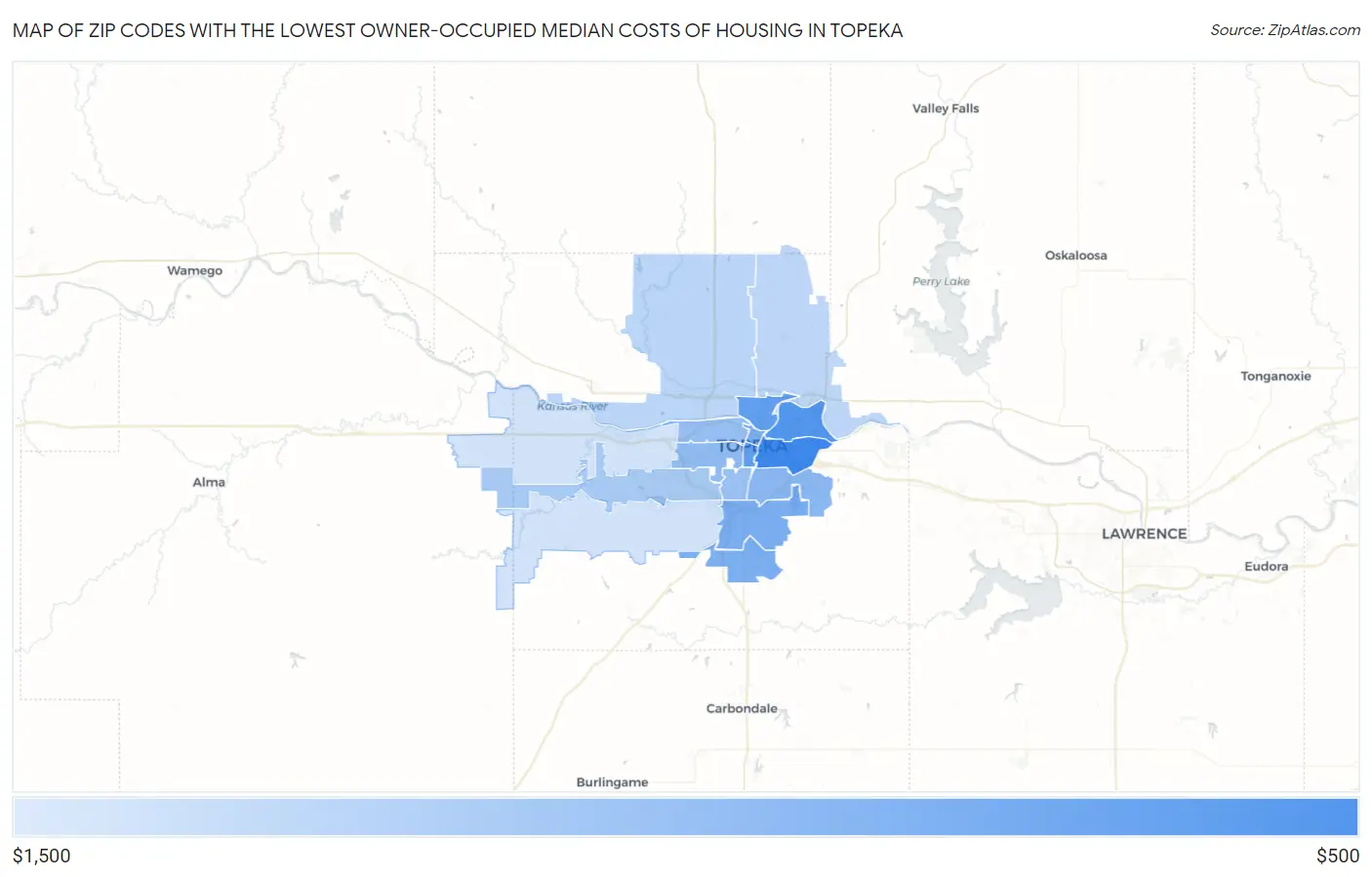 Zip Codes with the Lowest Owner-Occupied Median Costs of Housing in Topeka Map
