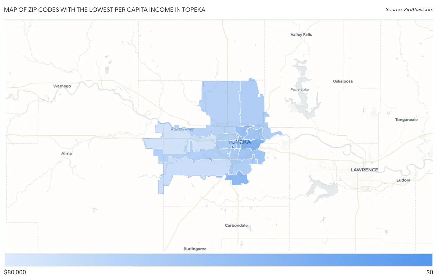 Zip Codes with the Lowest Per Capita Income in Topeka Map