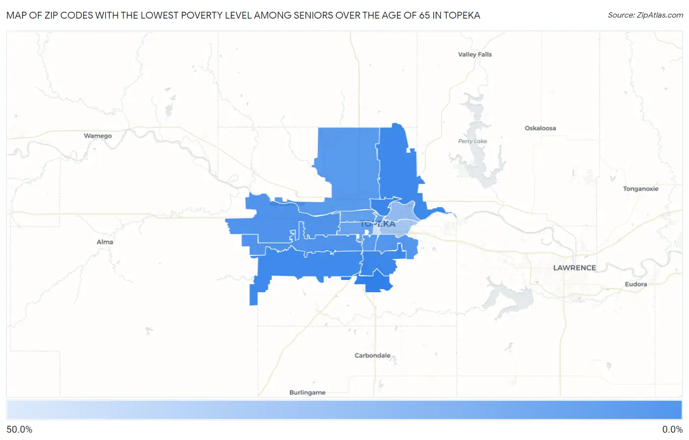 Zip Codes with the Lowest Poverty Level Among Seniors Over the Age of 65 in Topeka Map