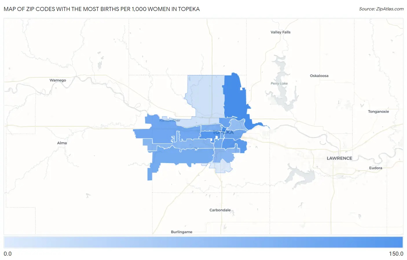 Zip Codes with the Most Births per 1,000 Women in Topeka Map