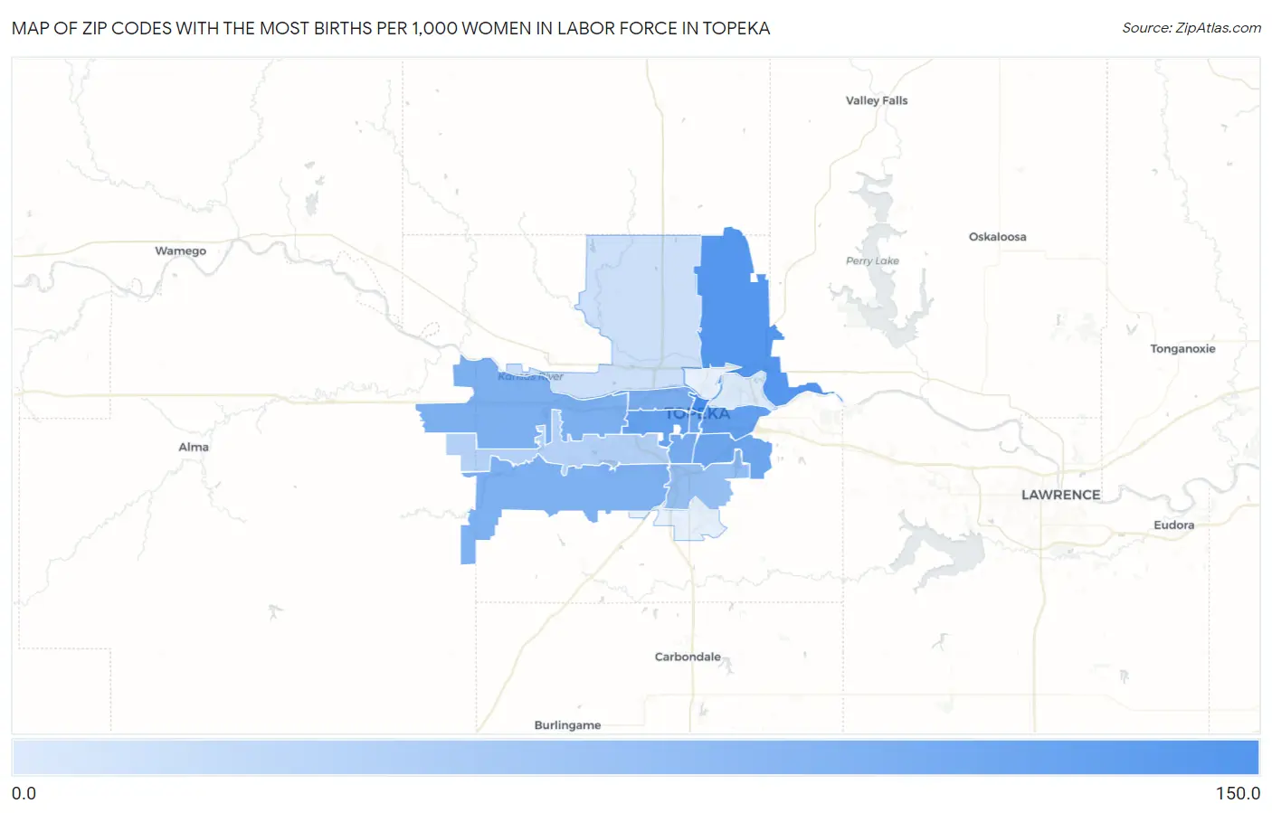 Zip Codes with the Most Births per 1,000 Women in Labor Force in Topeka Map