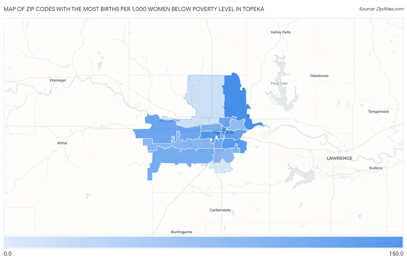 Zip Codes with the Most Births per 1,000 Women Below Poverty Level in Topeka Map