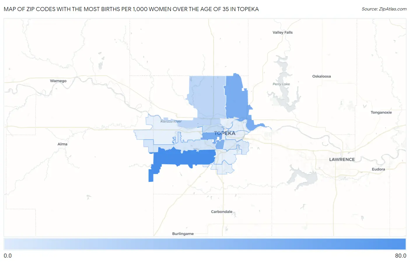 Zip Codes with the Most Births per 1,000 Women Over the Age of 35 in Topeka Map