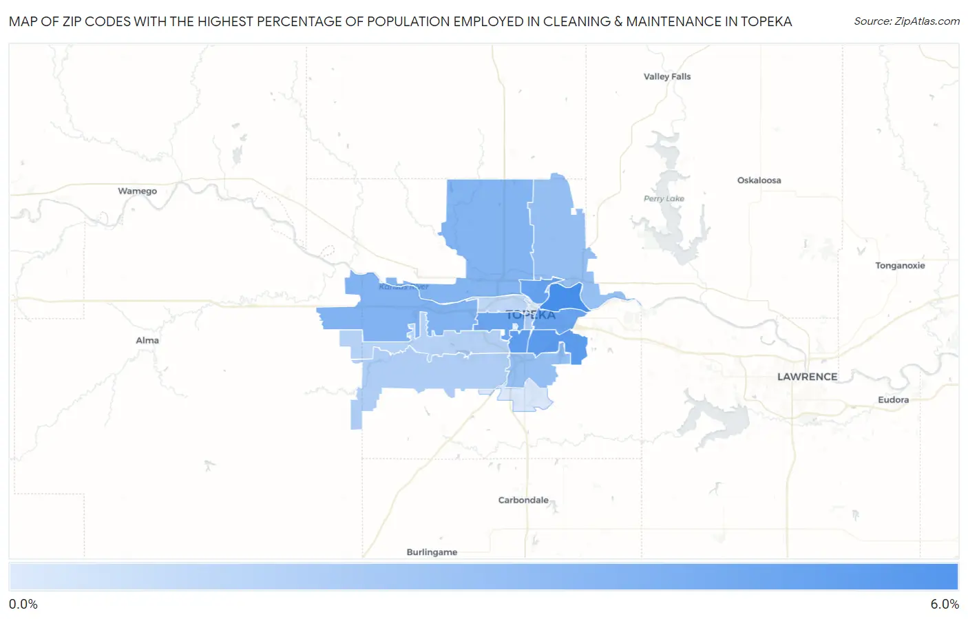 Zip Codes with the Highest Percentage of Population Employed in Cleaning & Maintenance in Topeka Map