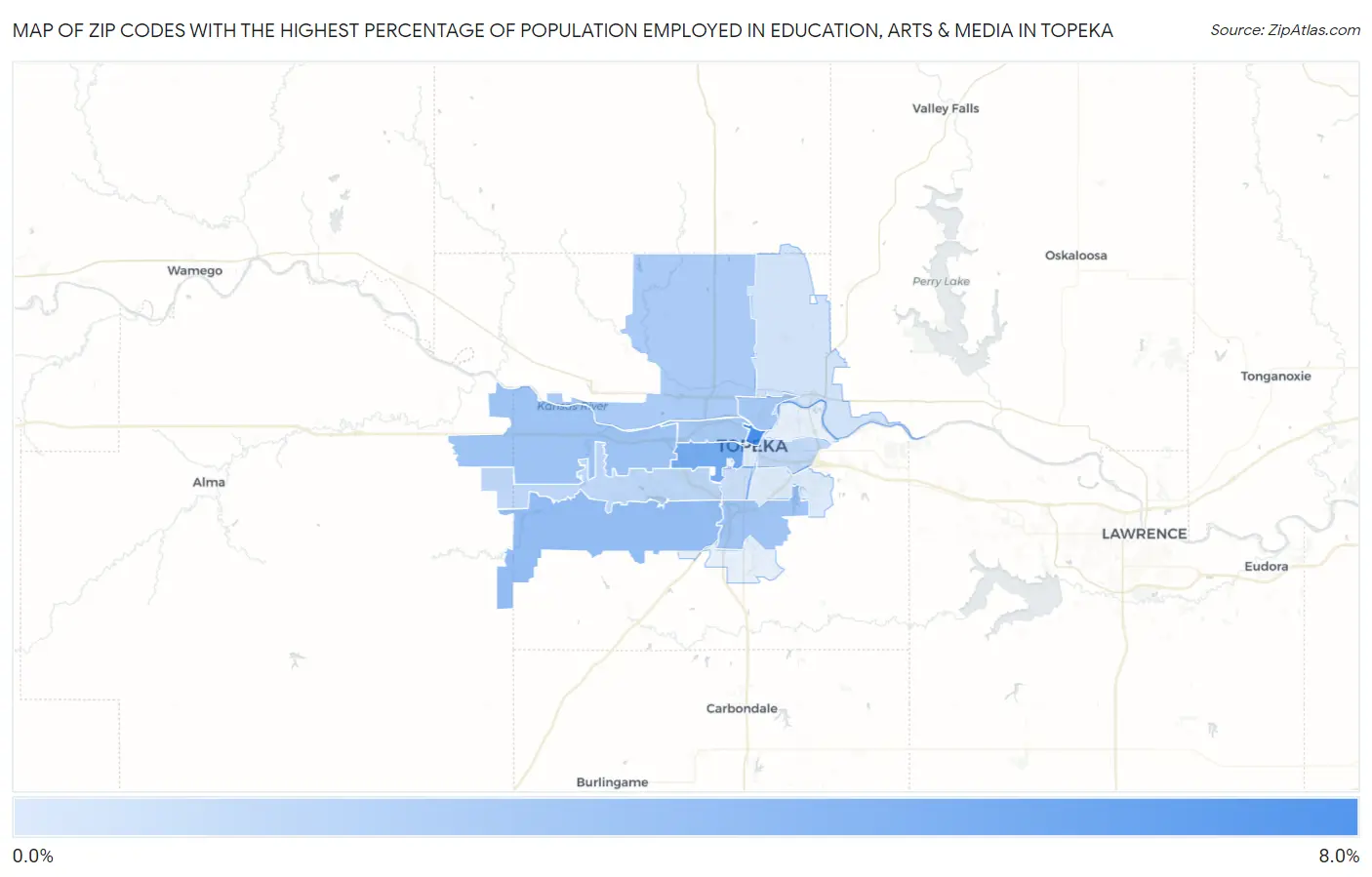 Zip Codes with the Highest Percentage of Population Employed in Education, Arts & Media in Topeka Map