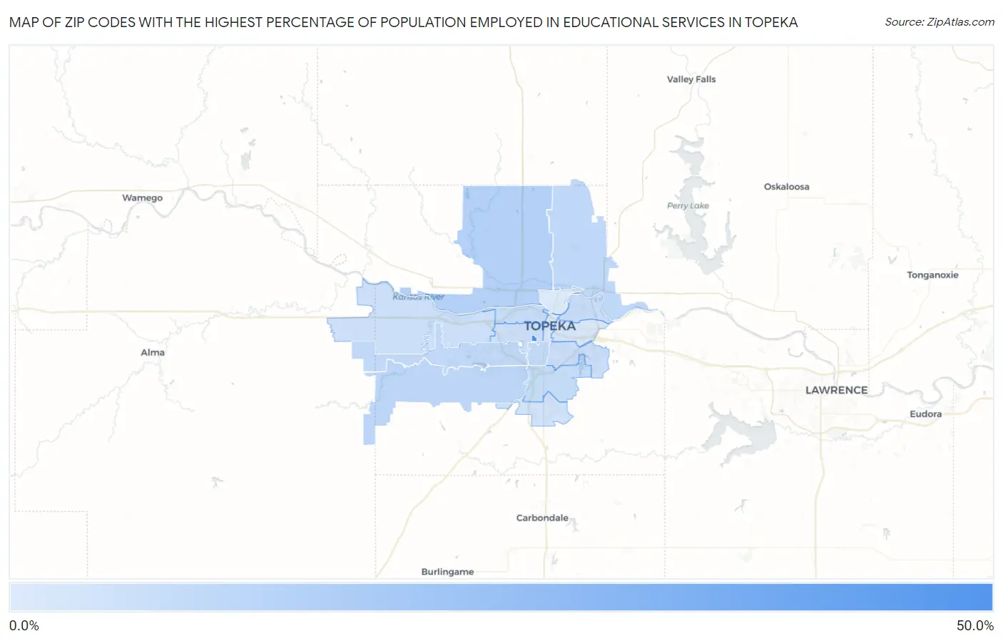 Zip Codes with the Highest Percentage of Population Employed in Educational Services in Topeka Map