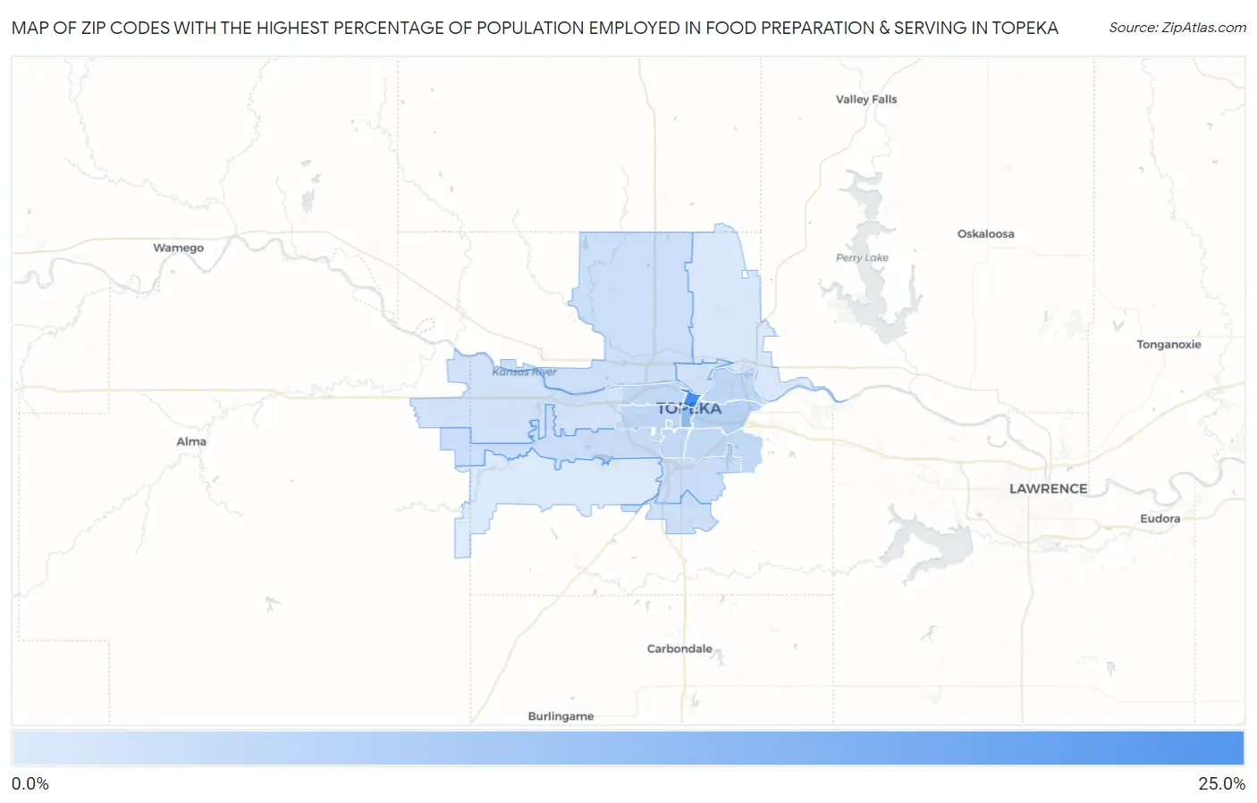 Zip Codes with the Highest Percentage of Population Employed in Food Preparation & Serving in Topeka Map