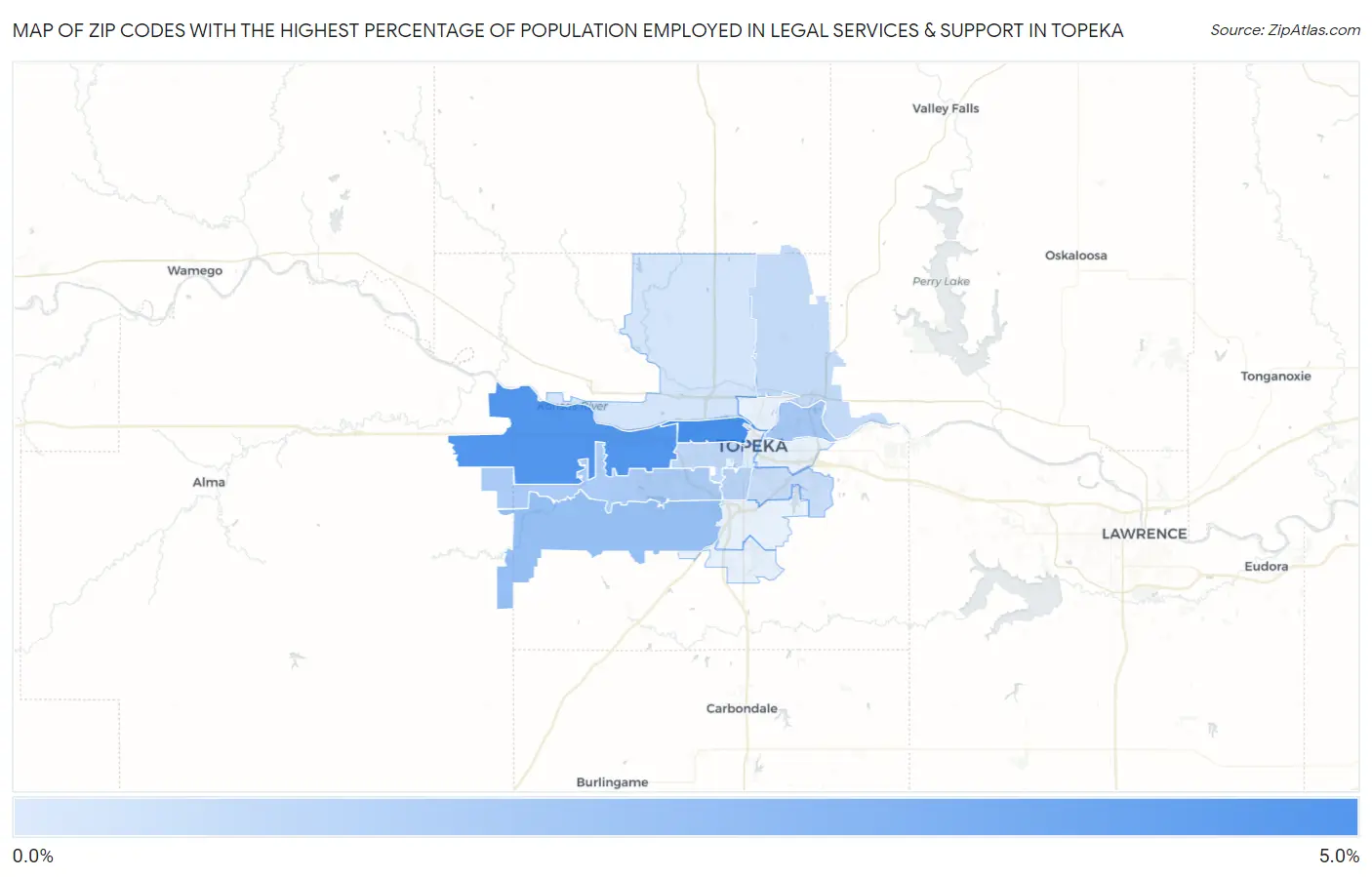 Zip Codes with the Highest Percentage of Population Employed in Legal Services & Support in Topeka Map