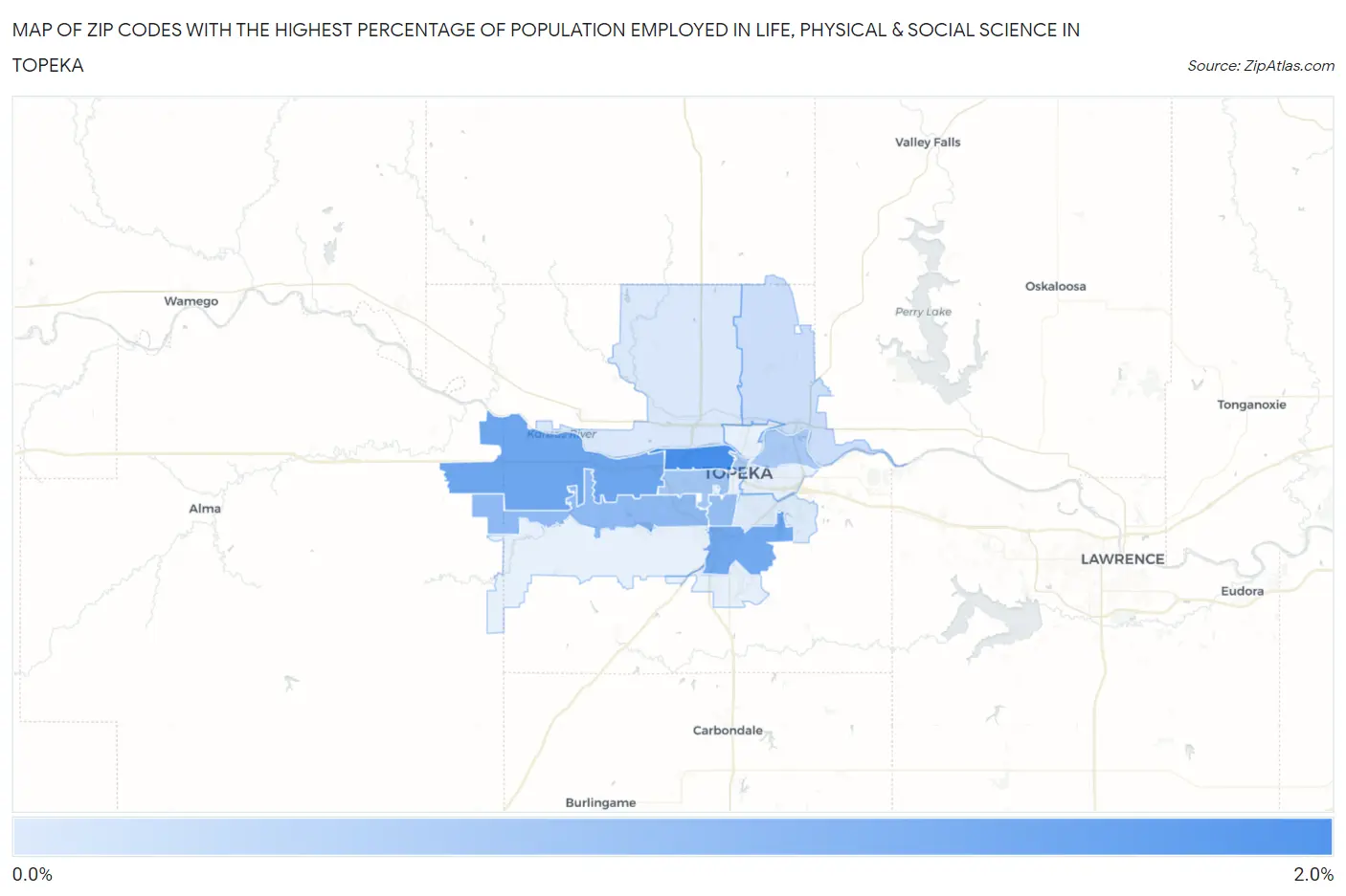 Zip Codes with the Highest Percentage of Population Employed in Life, Physical & Social Science in Topeka Map