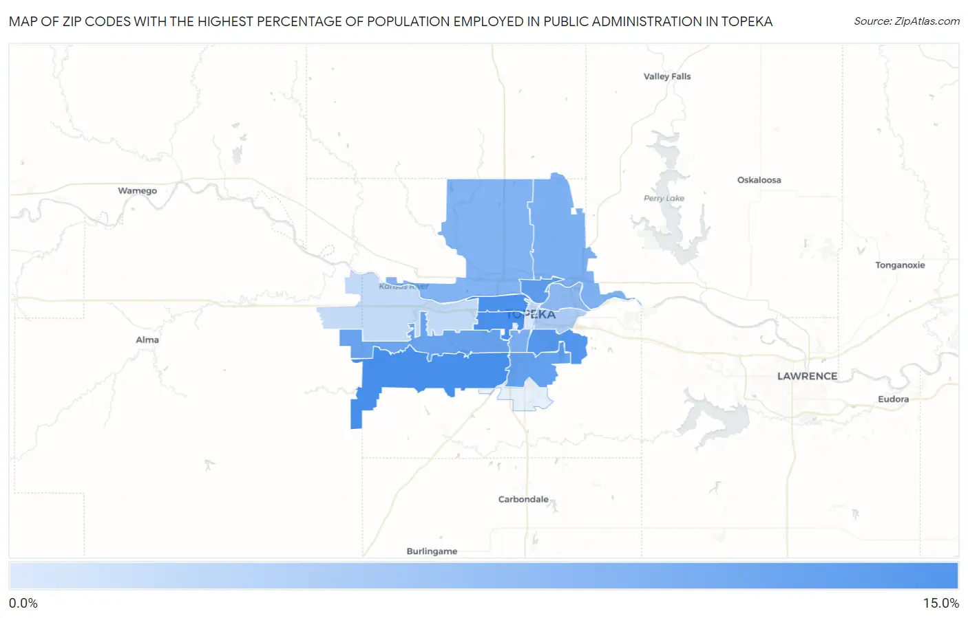 Zip Codes with the Highest Percentage of Population Employed in Public Administration in Topeka Map