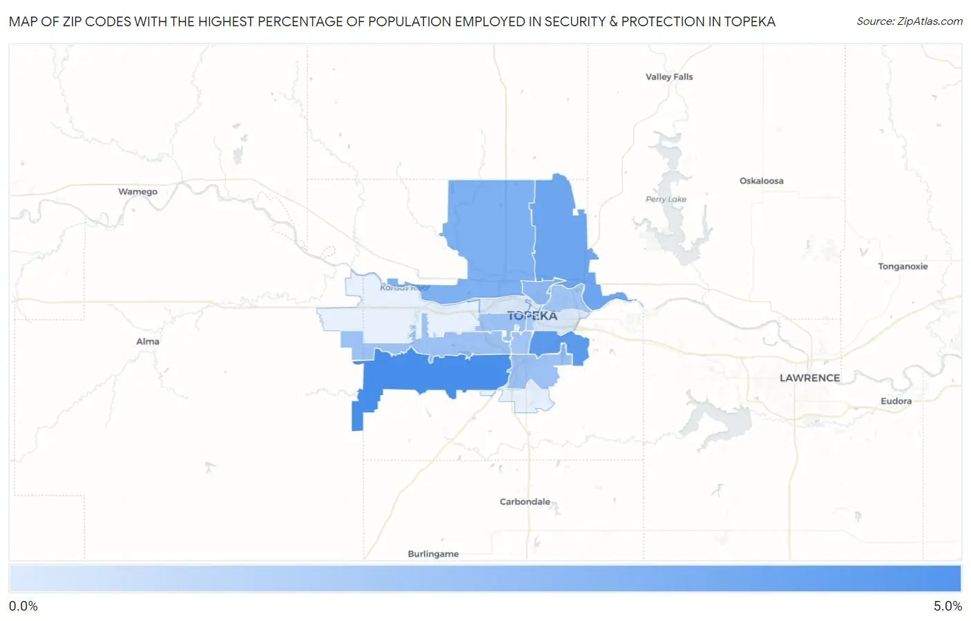 Zip Codes with the Highest Percentage of Population Employed in Security & Protection in Topeka Map