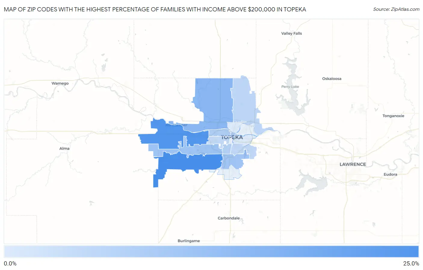 Zip Codes with the Highest Percentage of Families with Income Above $200,000 in Topeka Map