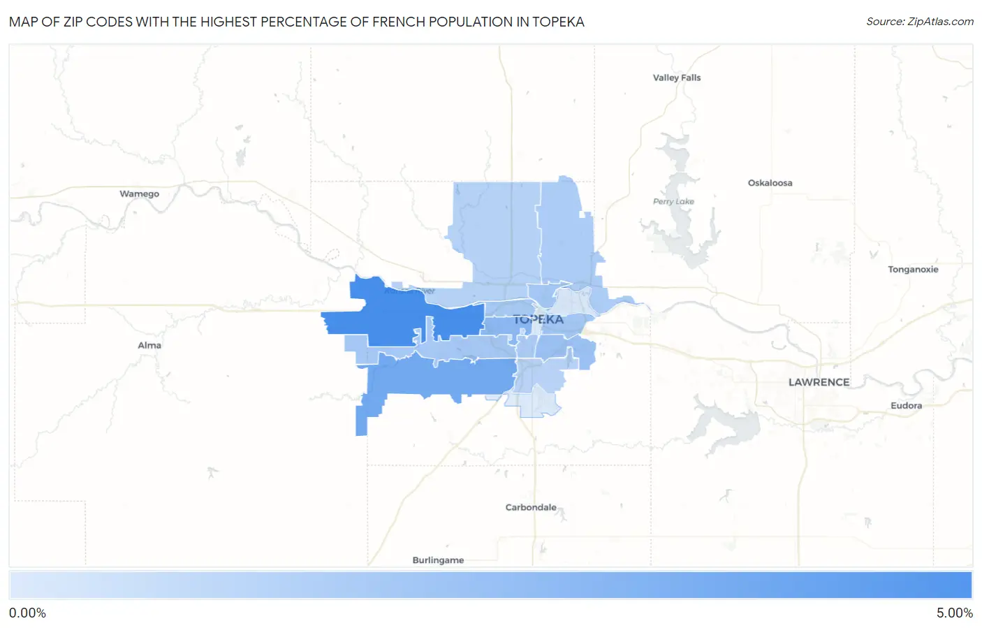 Zip Codes with the Highest Percentage of French Population in Topeka Map