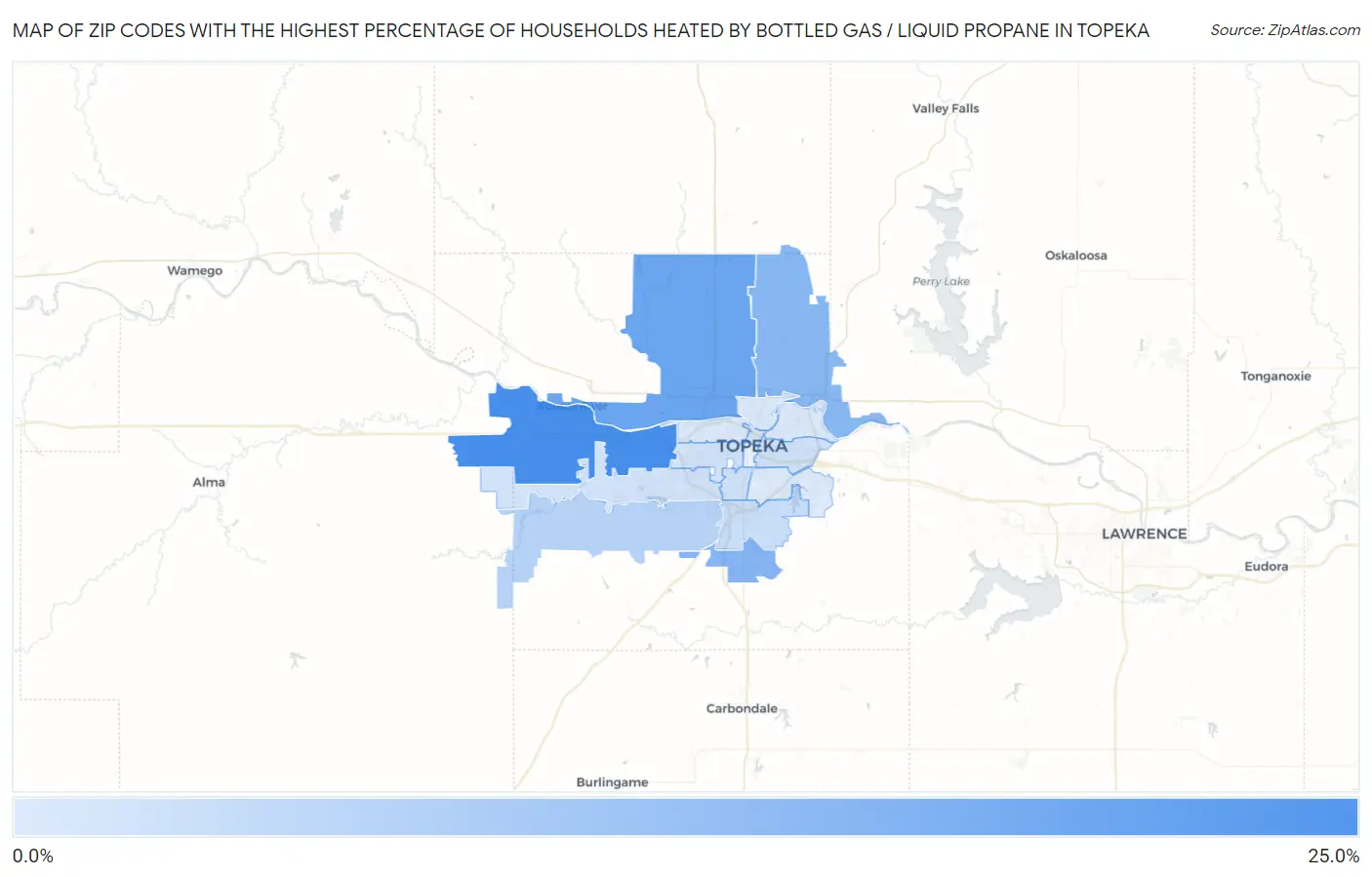 Zip Codes with the Highest Percentage of Households Heated by Bottled Gas / Liquid Propane in Topeka Map