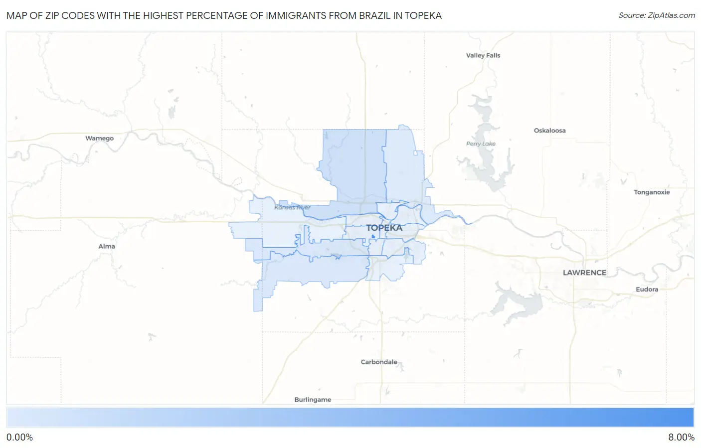 Zip Codes with the Highest Percentage of Immigrants from Brazil in Topeka Map