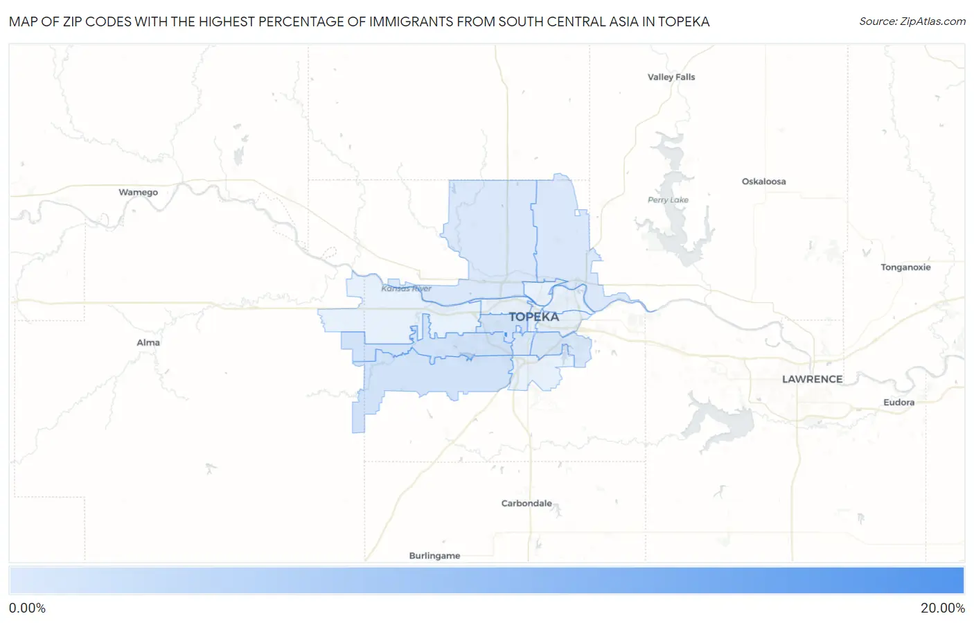 Zip Codes with the Highest Percentage of Immigrants from South Central Asia in Topeka Map