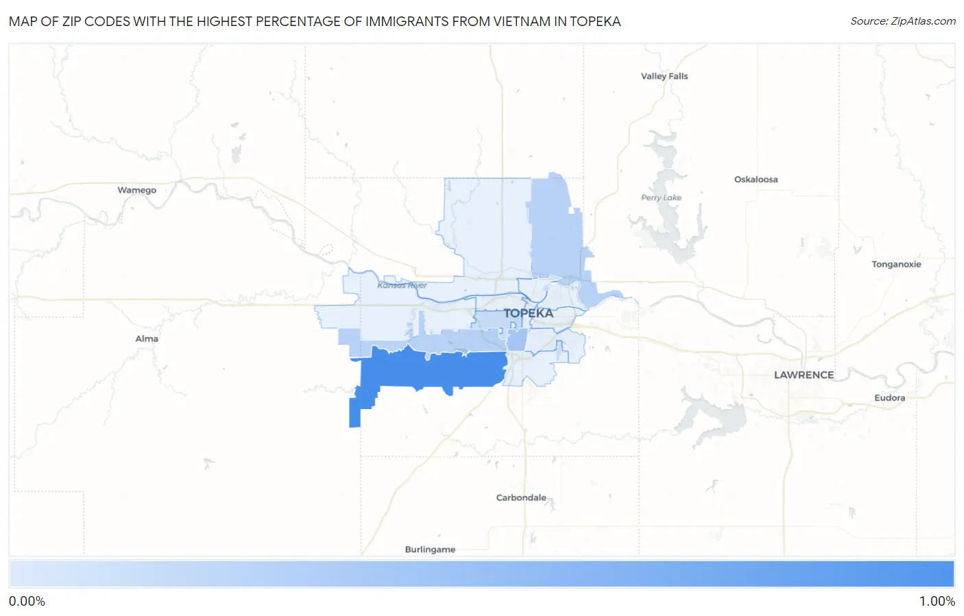 Zip Codes with the Highest Percentage of Immigrants from Vietnam in Topeka Map