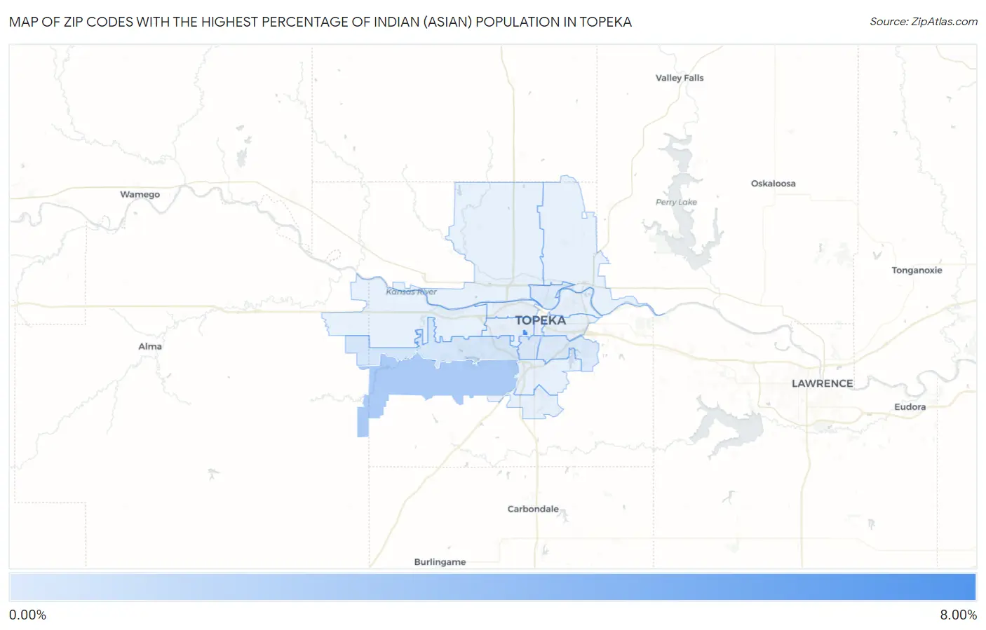 Zip Codes with the Highest Percentage of Indian (Asian) Population in Topeka Map