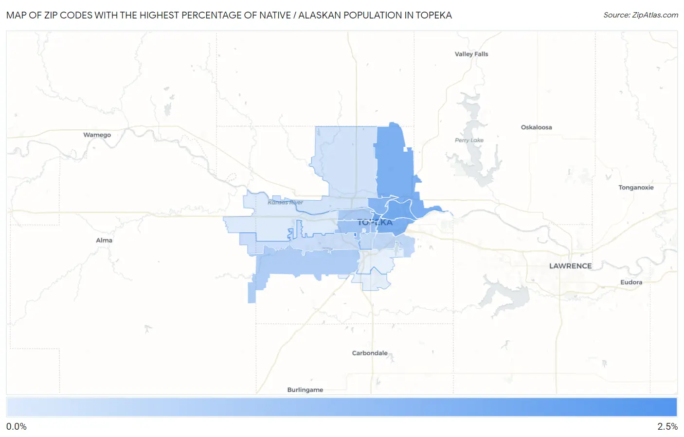 Zip Codes with the Highest Percentage of Native / Alaskan Population in Topeka Map