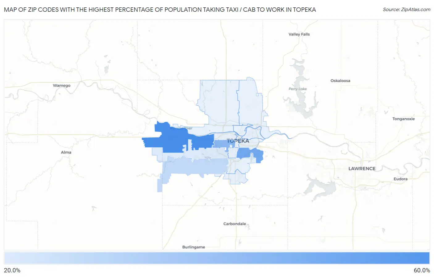 Zip Codes with the Highest Percentage of Population Taking Taxi / Cab to Work in Topeka Map