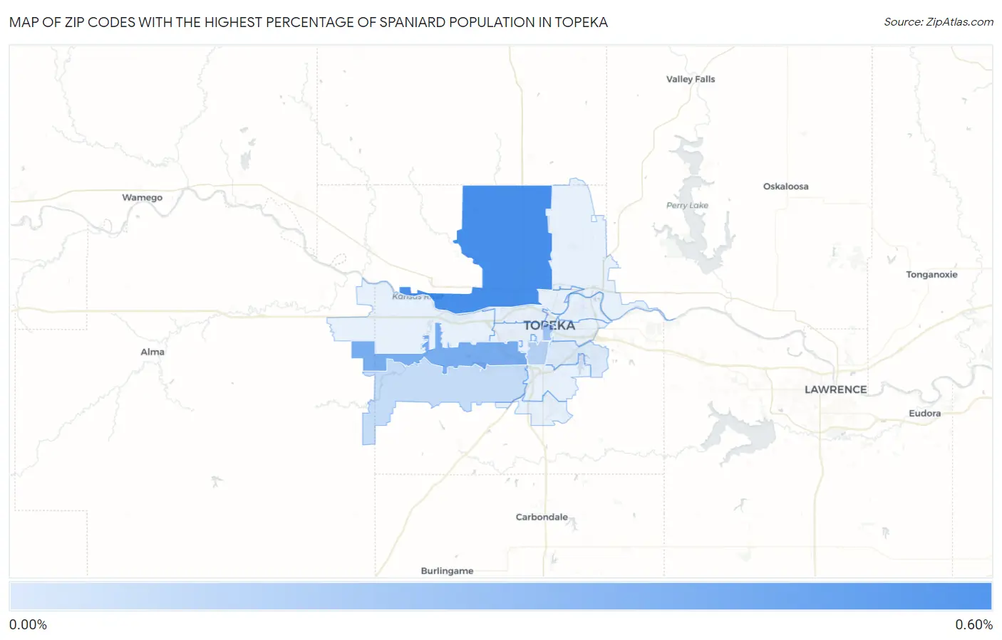 Zip Codes with the Highest Percentage of Spaniard Population in Topeka Map