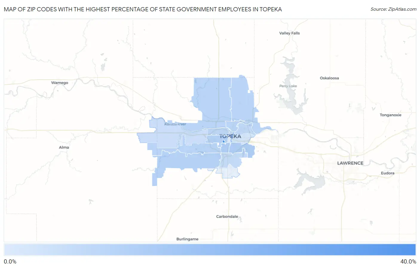 Zip Codes with the Highest Percentage of State Government Employees in Topeka Map