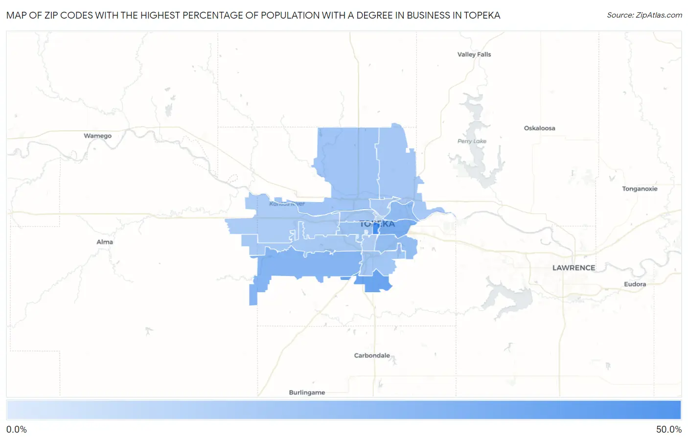 Zip Codes with the Highest Percentage of Population with a Degree in Business in Topeka Map