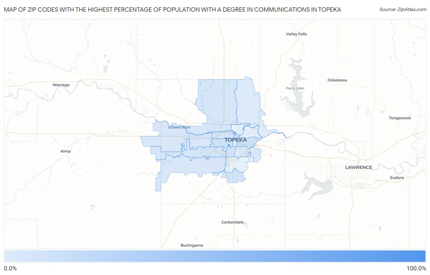 Zip Codes with the Highest Percentage of Population with a Degree in Communications in Topeka Map