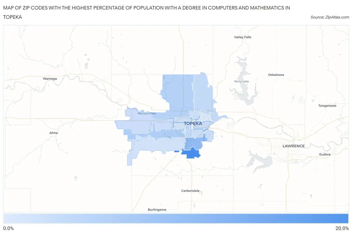 Zip Codes with the Highest Percentage of Population with a Degree in Computers and Mathematics in Topeka Map