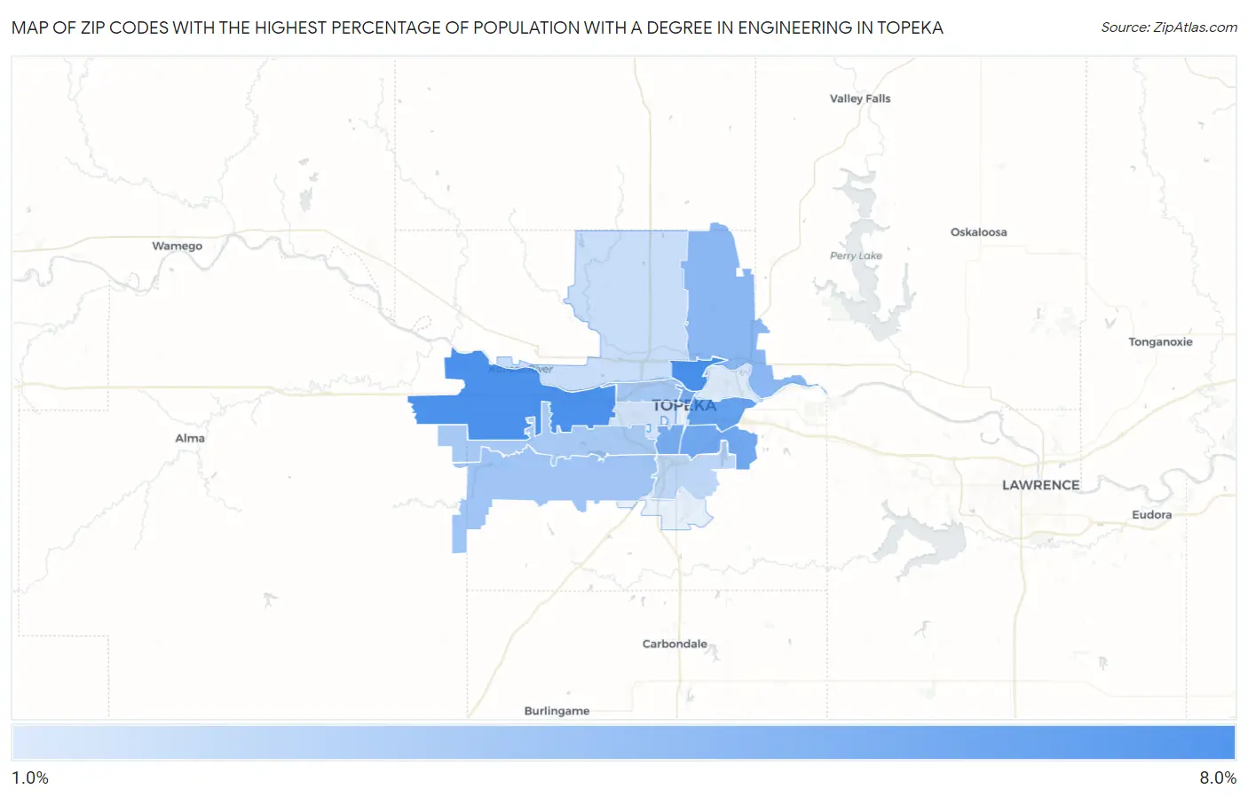 Zip Codes with the Highest Percentage of Population with a Degree in Engineering in Topeka Map