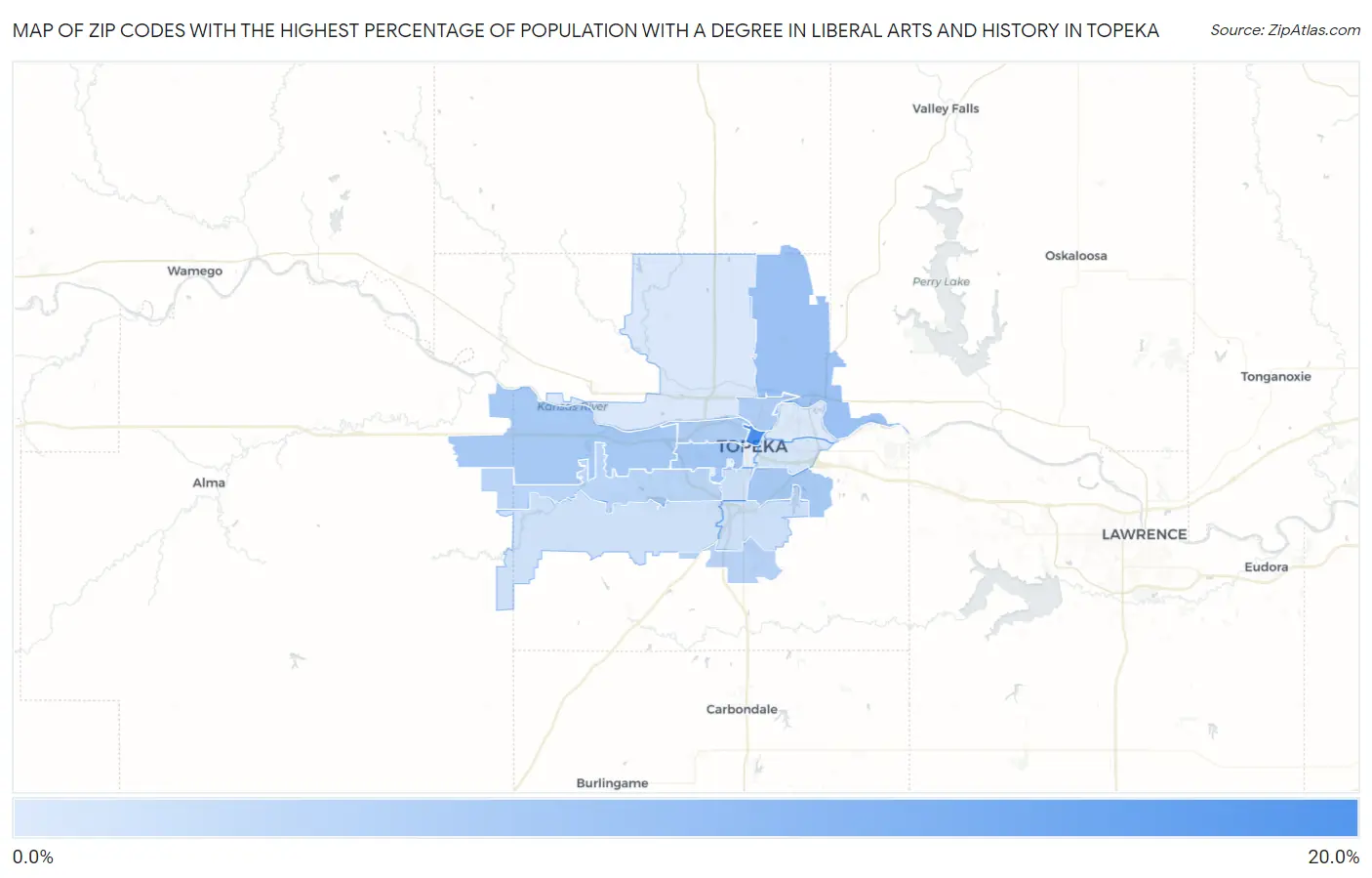 Zip Codes with the Highest Percentage of Population with a Degree in Liberal Arts and History in Topeka Map