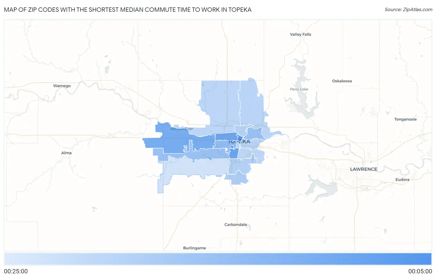 Zip Codes with the Shortest Median Commute Time to Work in Topeka Map