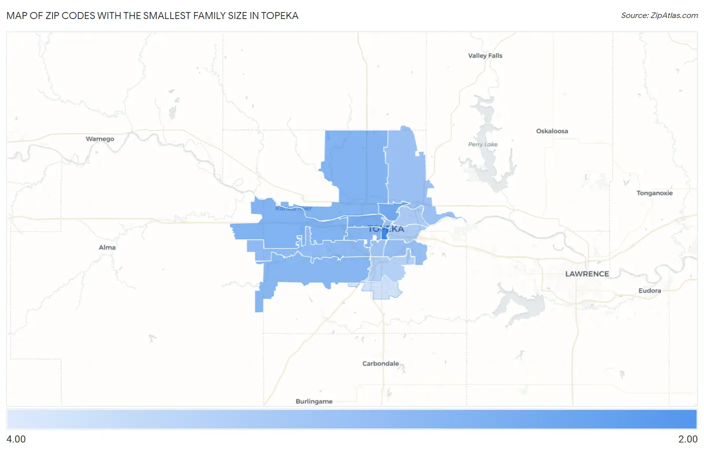 Zip Codes with the Smallest Family Size in Topeka Map