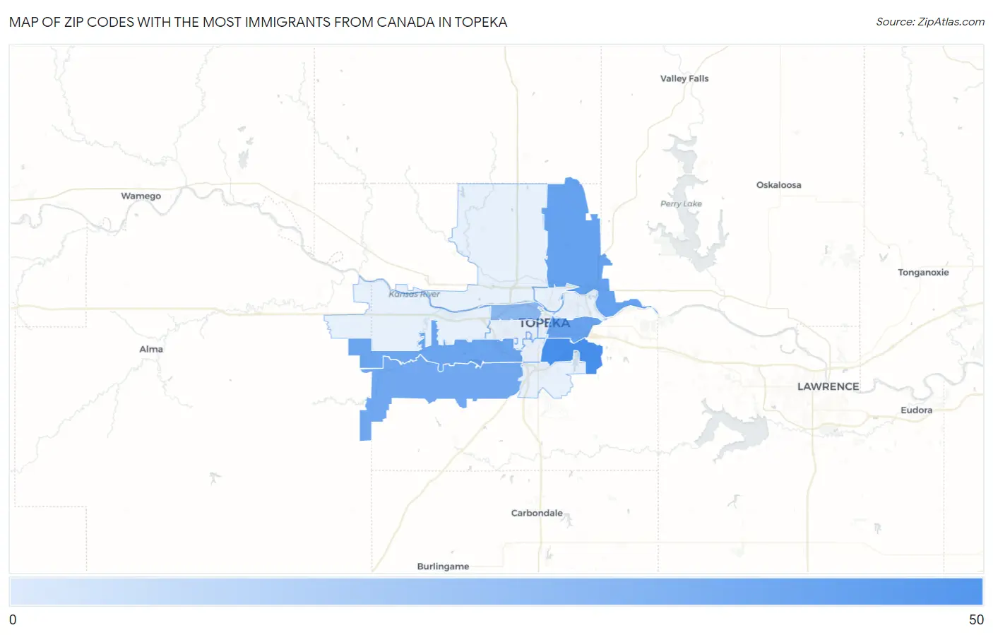 Zip Codes with the Most Immigrants from Canada in Topeka Map